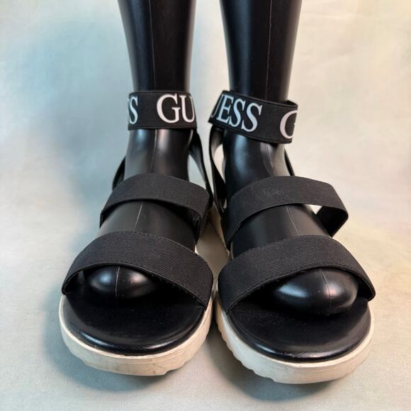 Guess Ankle Logo Black & White Chunky Ankle Strap Sandals - Picture 5 of 7